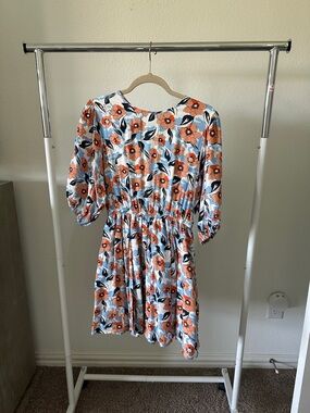 Melloday Floral Puff-Sleeve Smocked Waist Mini Dress - Coral & Blue